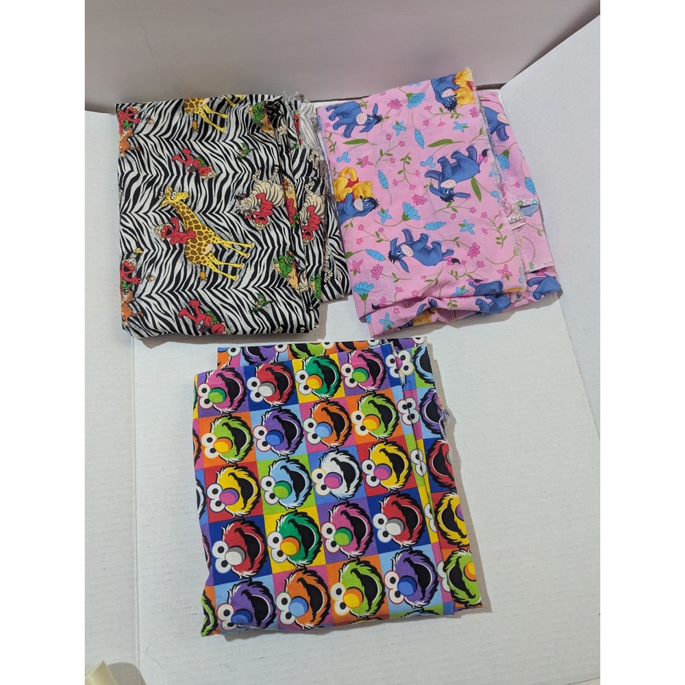 Sesame Street Winnie the Pooh Fabric Remnants 2012 Elmo Safari Pink 40x32 3pc‎